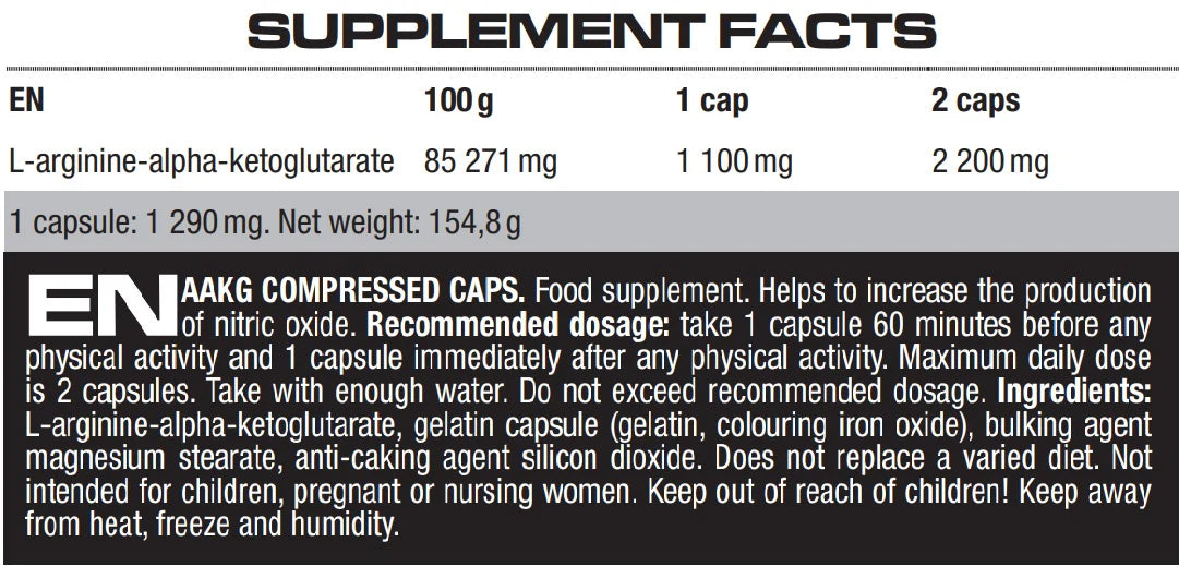 Supplement facts label for L-arginine-alpha-ketoglutarate capsules with dosage and ingredient information.