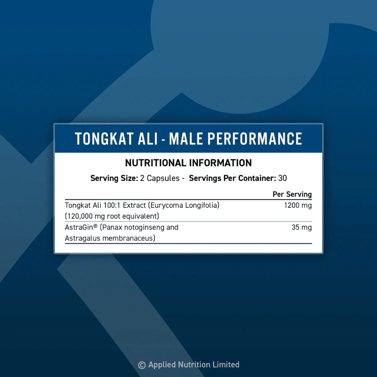 Nutritional information label for Tongkat Ali on a blue background