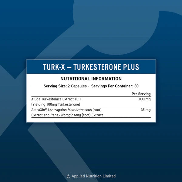Nutritional information label for Turk-X Turkesterone Plus on a blue background