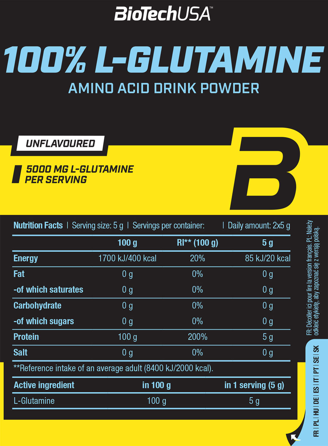 BiotechUSA 100% L-Glutamine amino acid drink powder packaging with nutritional information.