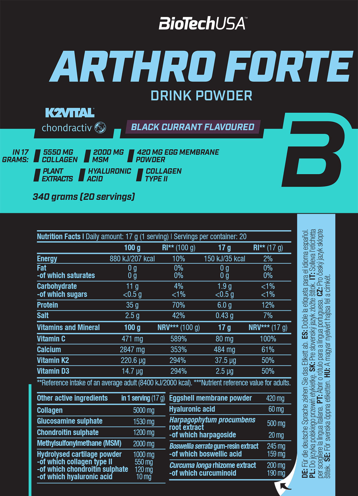 BiotechUSA Arthro Forte drink powder packaging with nutritional information.