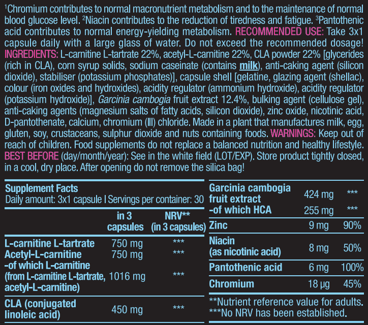 Supplement label with detailed nutritional information on a dark background