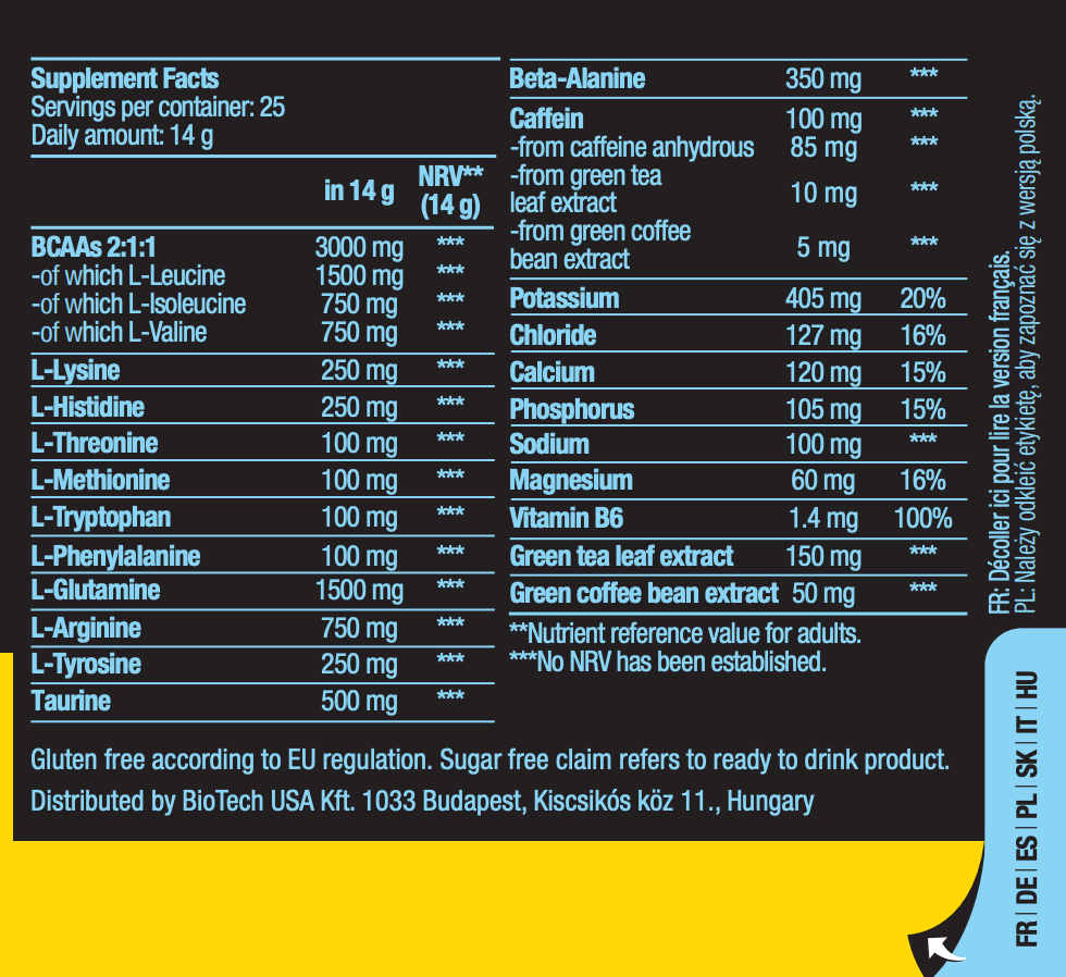 Supplement label with detailed nutritional information on a black background
