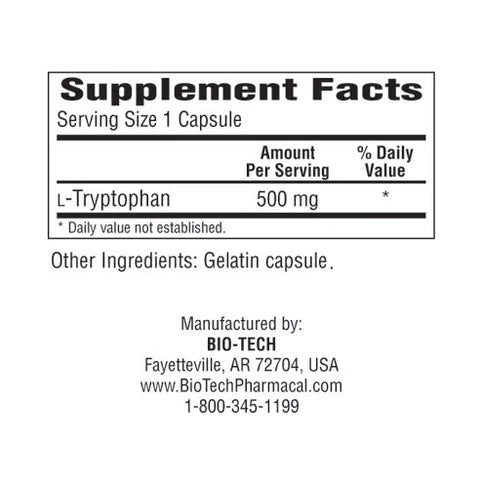 Supplement facts label for L-Tryptophan capsules with Bio-Tech branding.