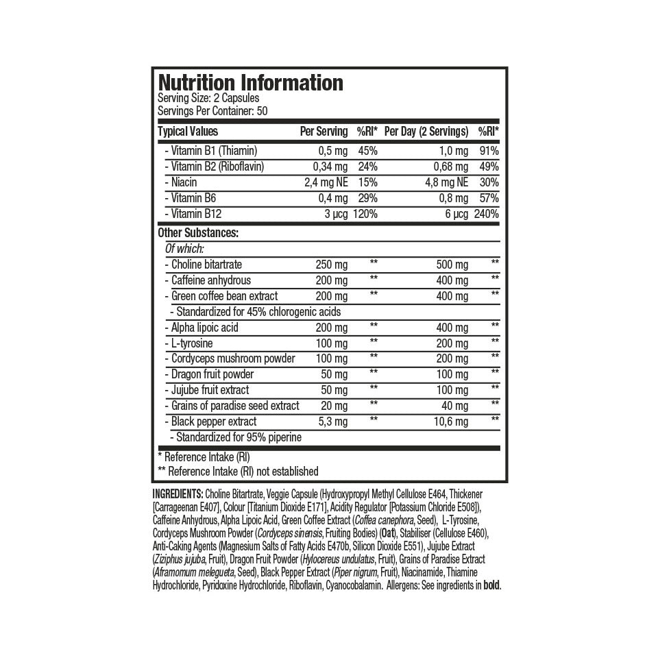 Nutrition information label for a supplement with detailed ingredient list on a white background.