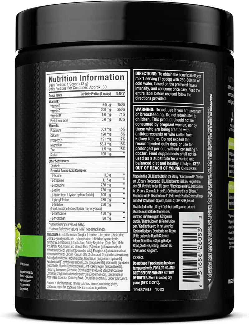 Nutrition label on a supplement container with black background