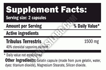 Supplement label with active ingredient Tribulus Terrestris and serving size information.