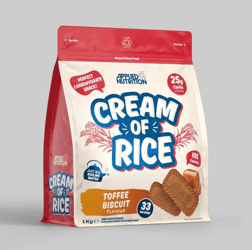 Bag of Cream of Rice Toffee Biscuit flavor on a gray background