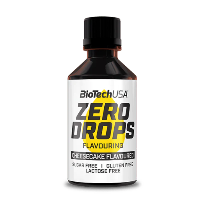 BiotechUSA Zero Drops cheesecake flavoring bottle on a white background