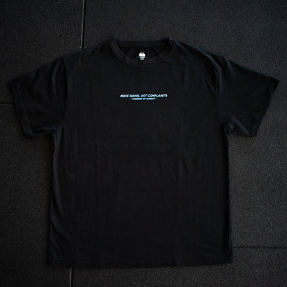 Black t-shirt with white text on a dark background