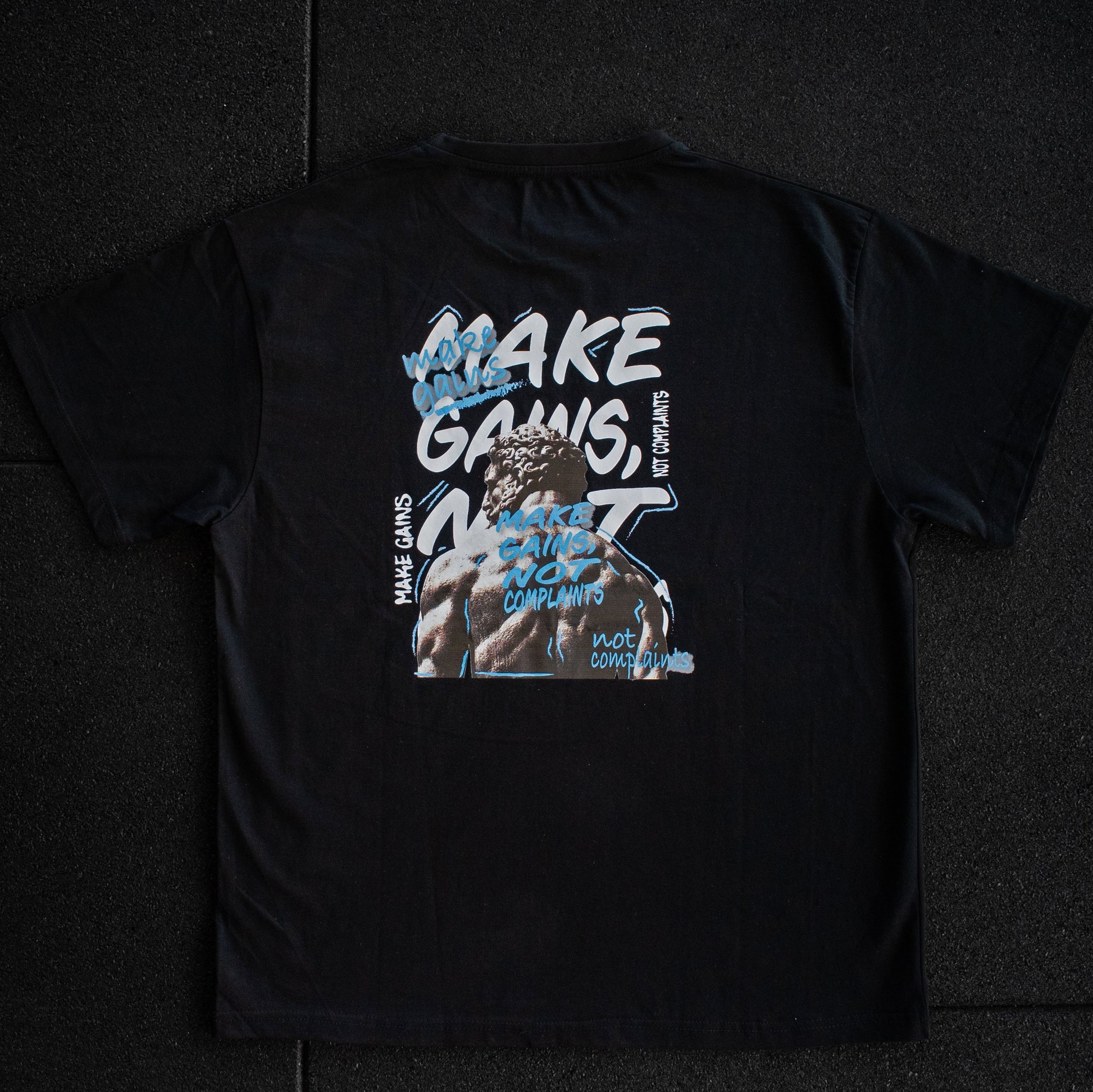 Black t-shirt with graphic design and text on a dark background