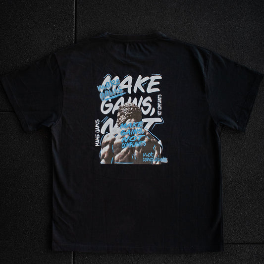 Black t-shirt with graphic design and text on a dark background