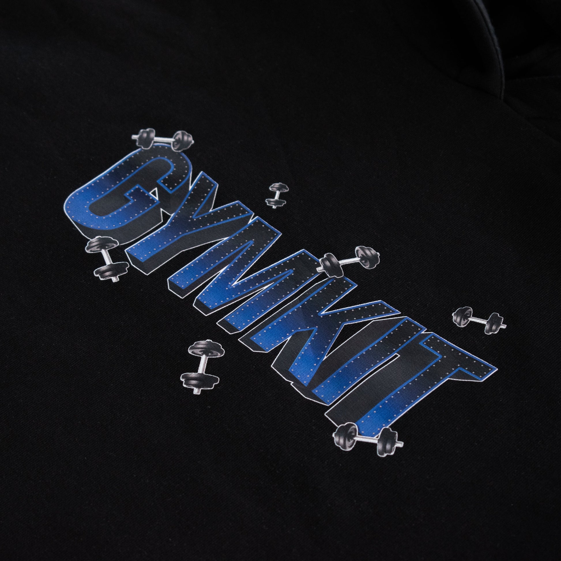 Blue 'GYMNIK' logo with dumbbells on a black background
