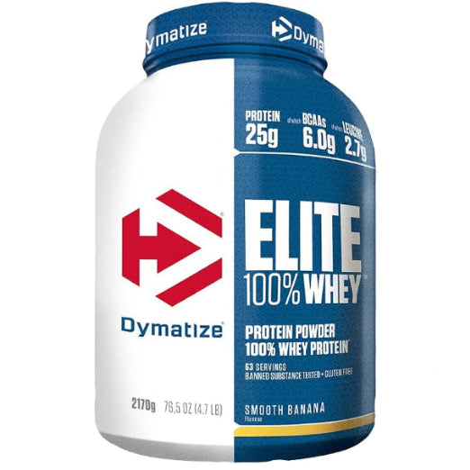 Dymatize Elite 100% Whey protein powder container with blue and white design