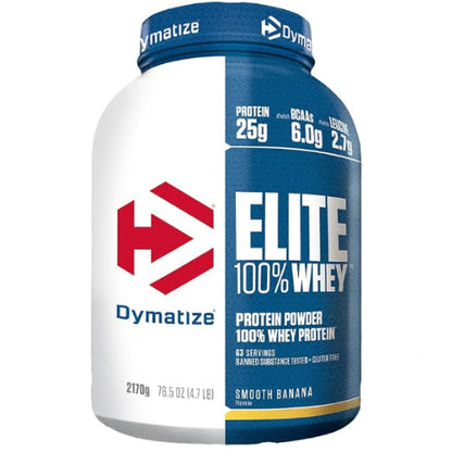Dymatize Elite 100% Whey protein powder container with blue and white design