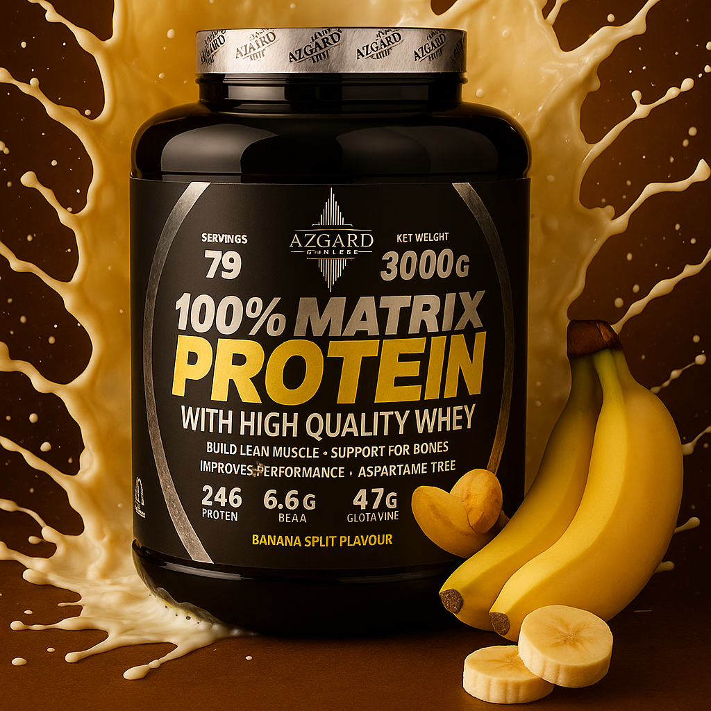 Protein supplement bottle with banana and protein powder splash on a brown background