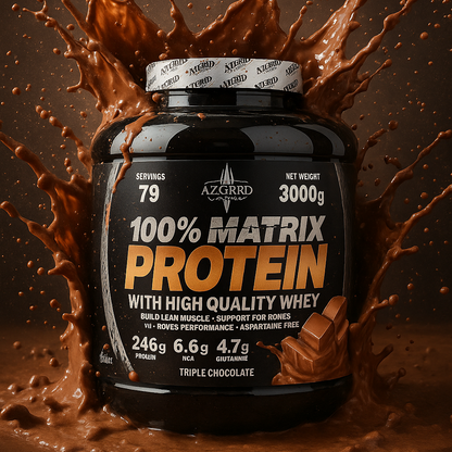 Protein supplement container with chocolate splashes on a dark background