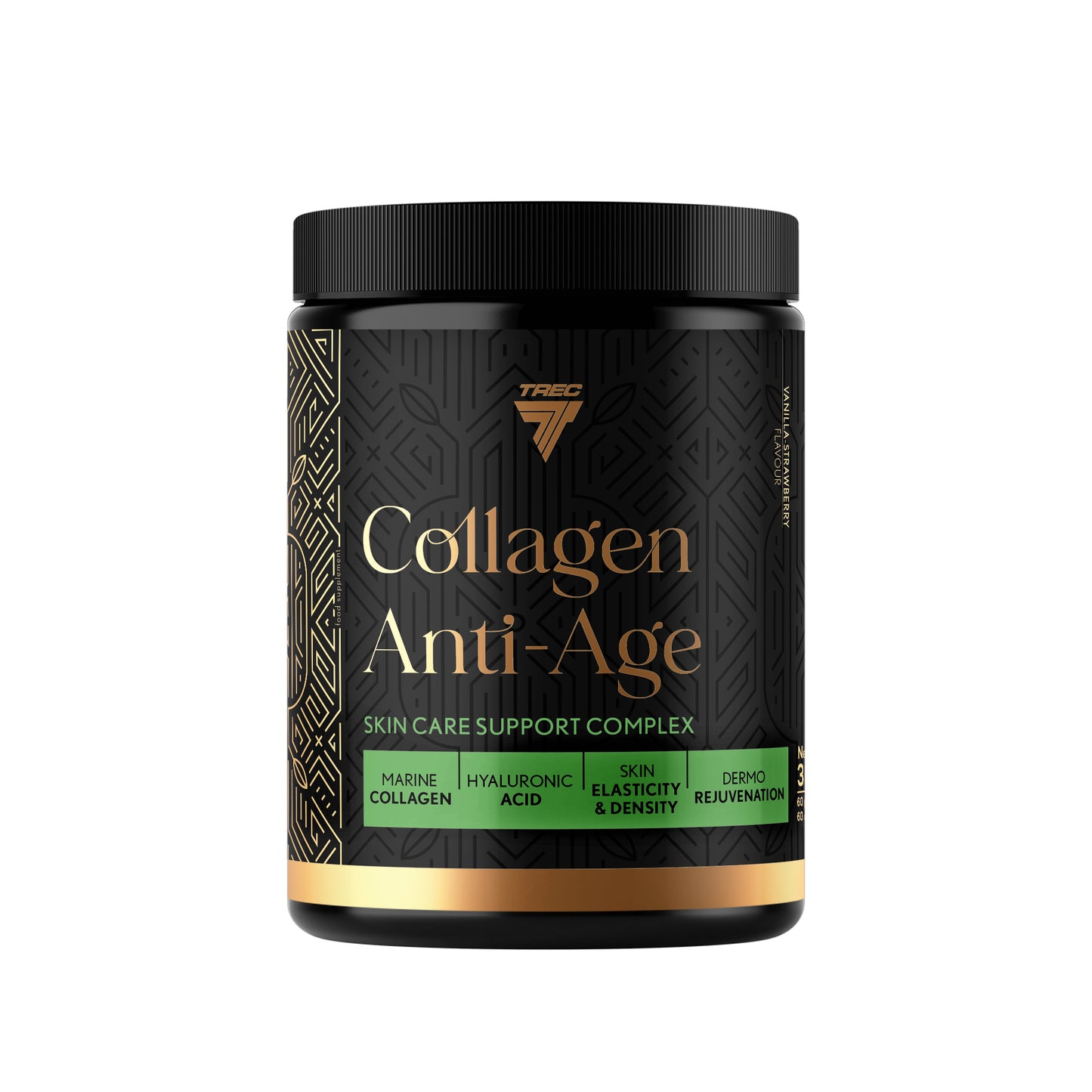Collagen supplement container with black and gold design on a white background