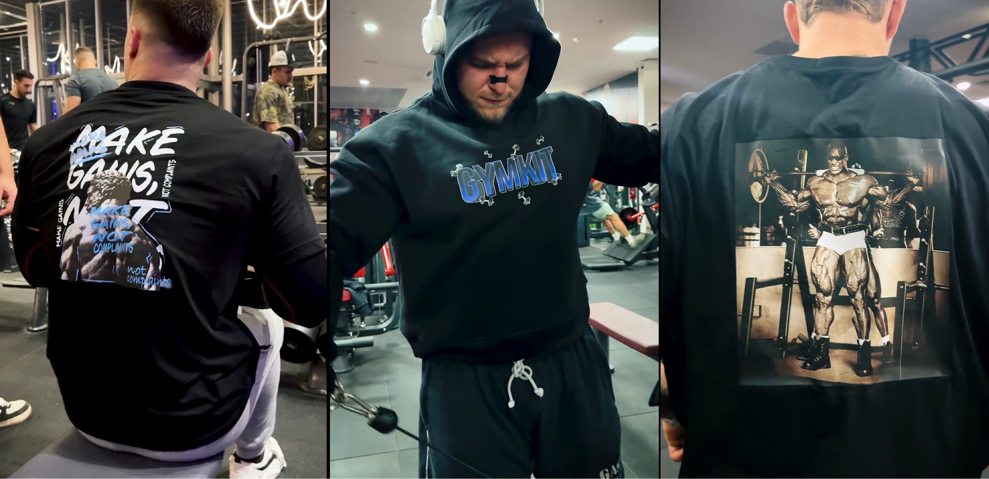 Three images of a person wearing different hoodies with graphic designs on the back.