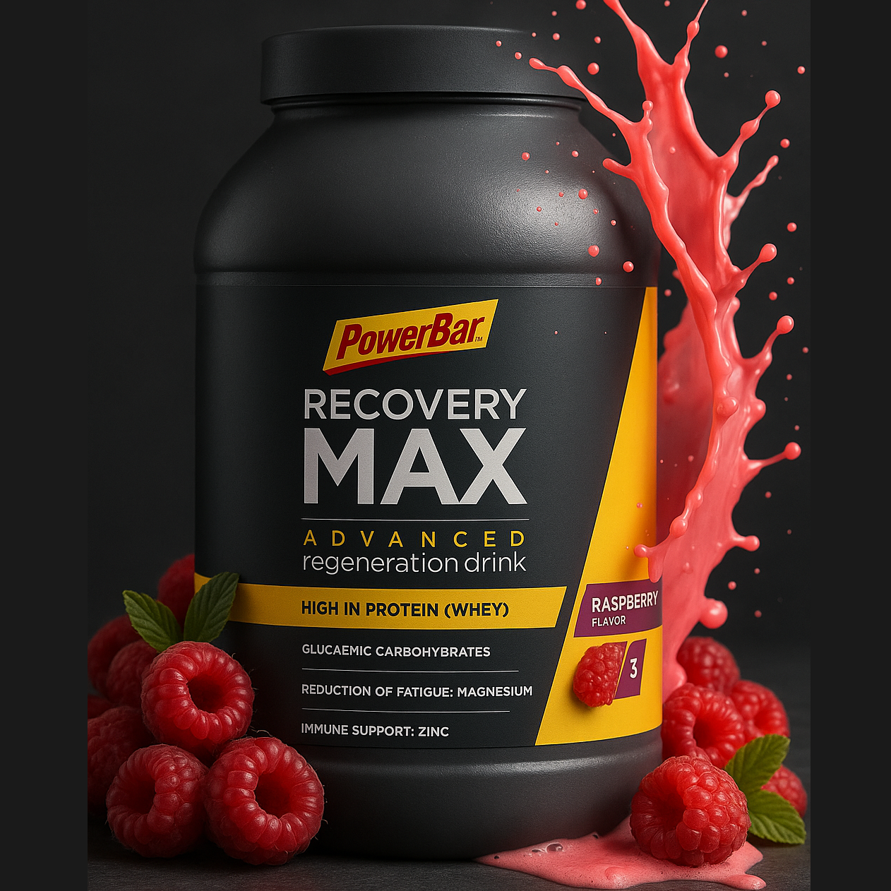 PowerBar Recovery Max Advanced regeneration drink container with raspberries on a dark background