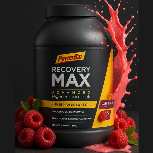 PowerBar Recovery Max Advanced regeneration drink container with raspberries on a dark background