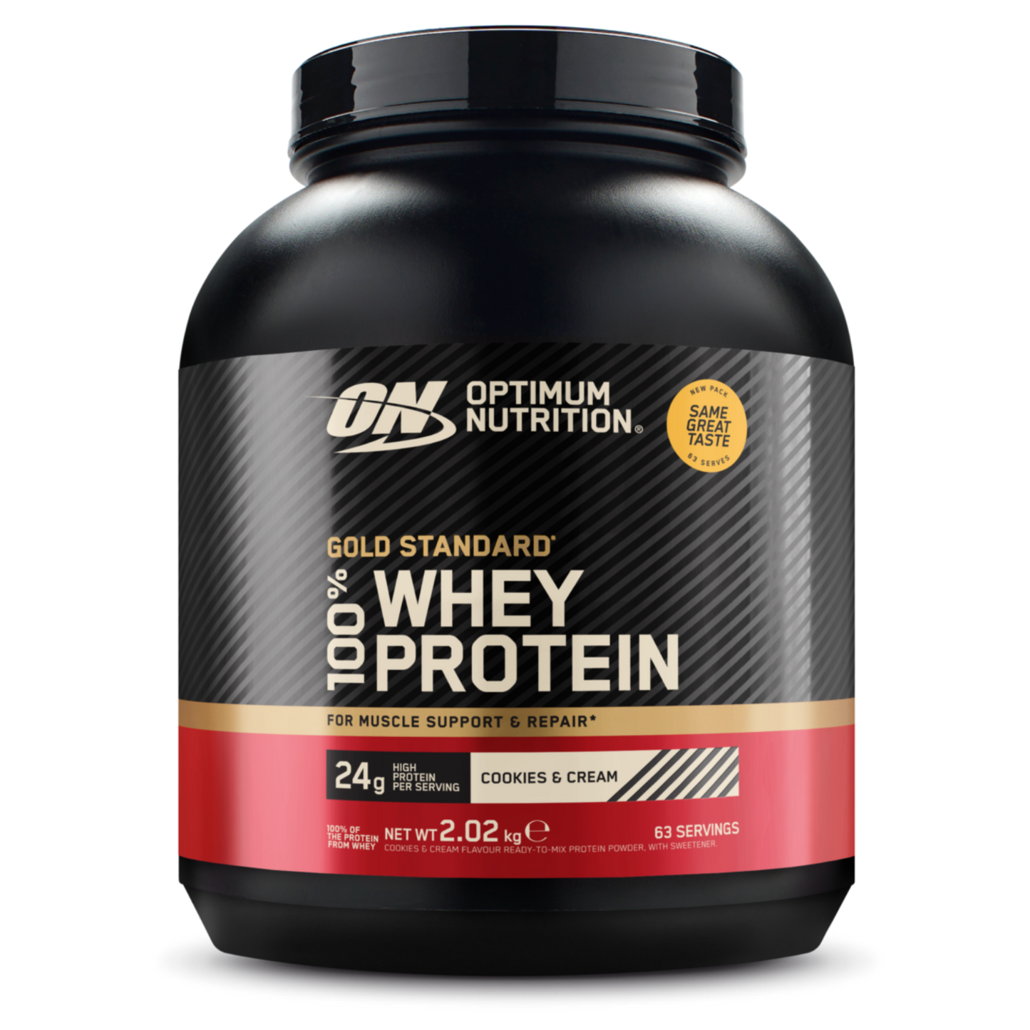 Optimum Nutrition Gold Standard 100% Whey Protein container on a white background