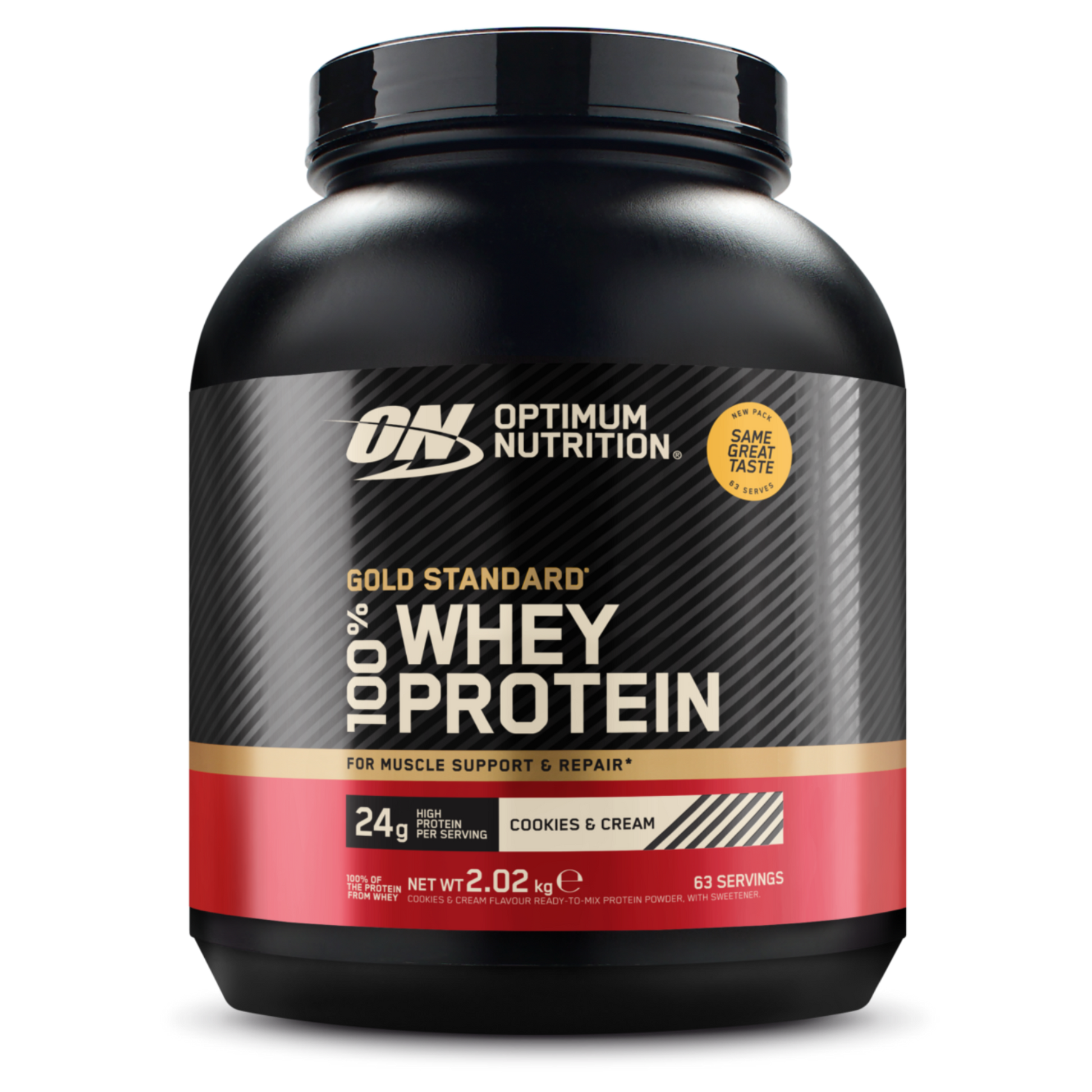 Optimum Nutrition Gold Standard 100% Whey Protein container on a white background