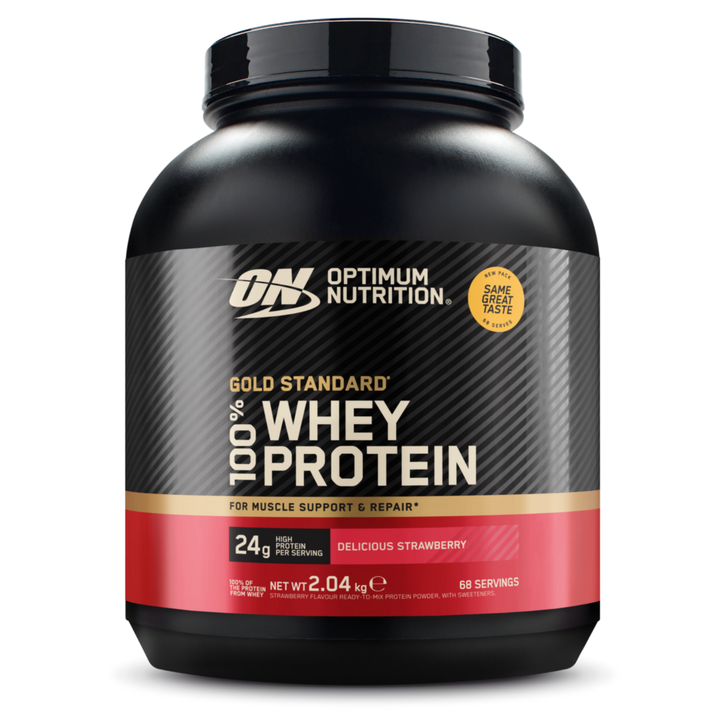 Optimum Nutrition Gold Standard 100% Whey Protein container on a white background