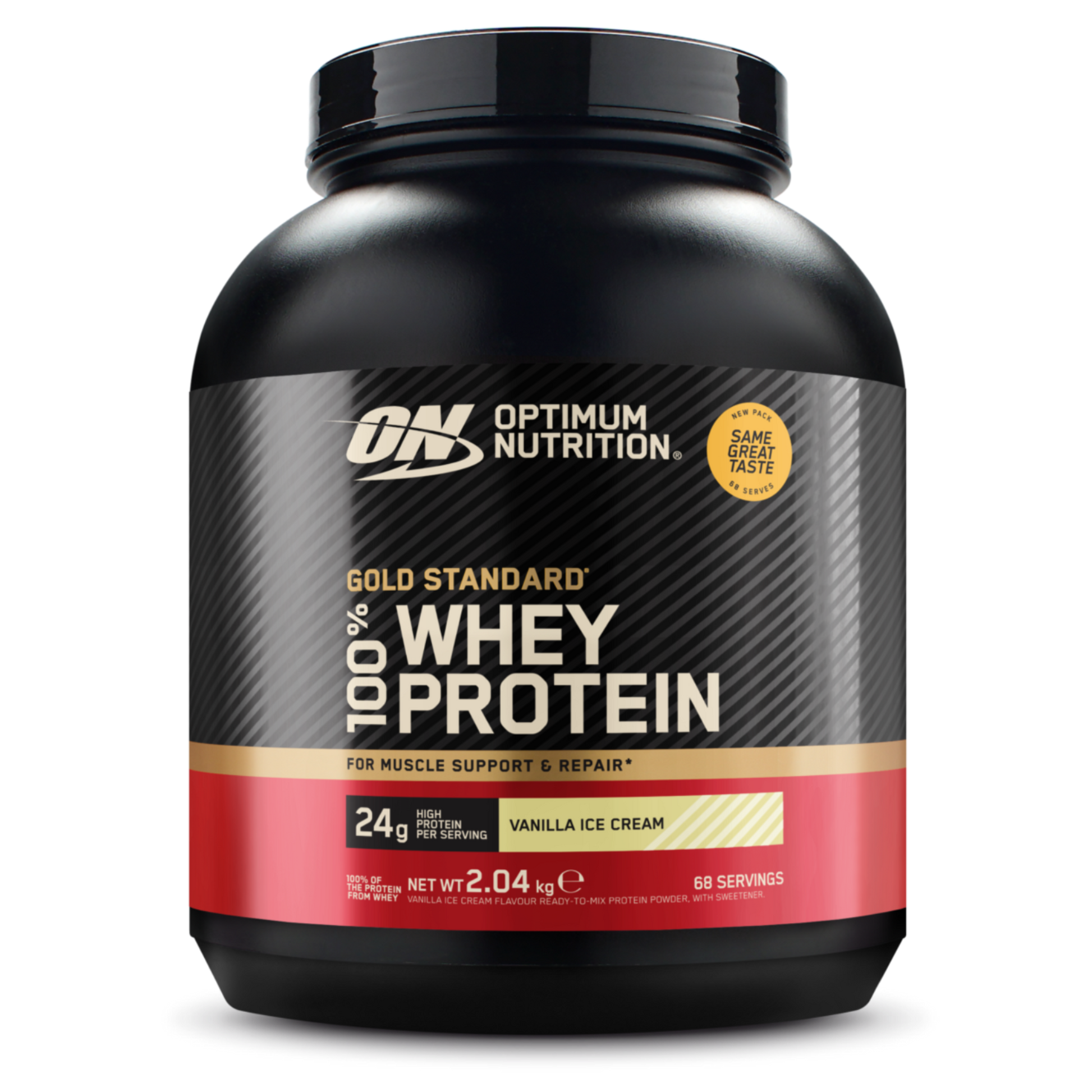 Optimum Nutrition Gold Standard 100% Whey Protein container on a white background