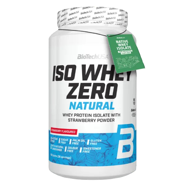 BioTechUSA ISO Whey Zero Natural Strawberry Flavour powder tub with a green Native Whey Isolate hangtag, on a white background.