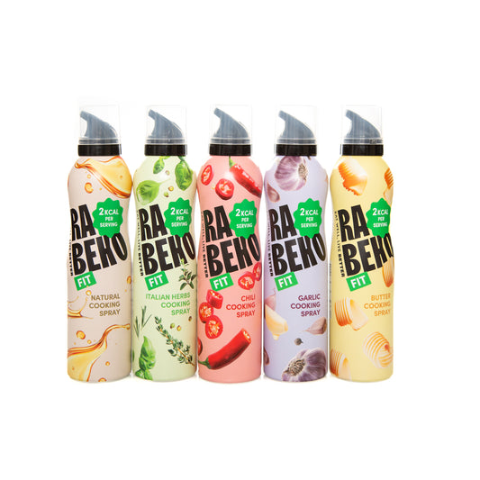 Five bottles of RA BEKO Fit cooking spray on a white background