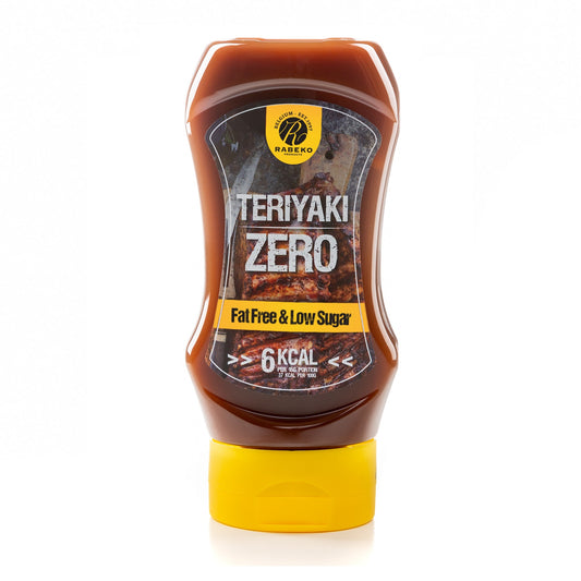 Bottle of Teriyaki Zero sauce with a yellow cap on a white background