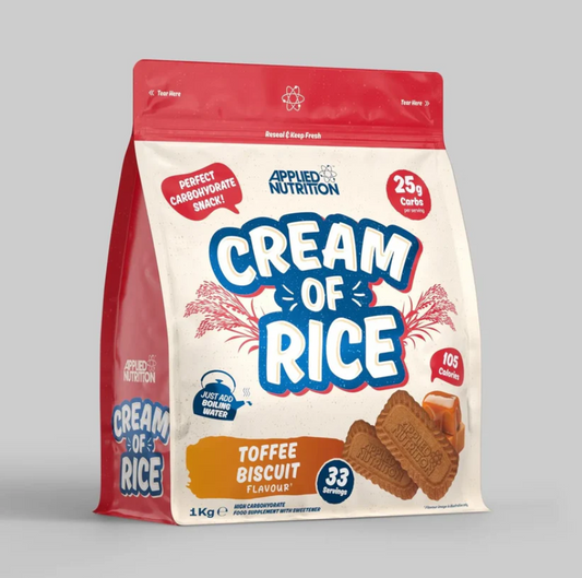 Bag of Cream of Rice Toffee Biscuit flavor on a gray background