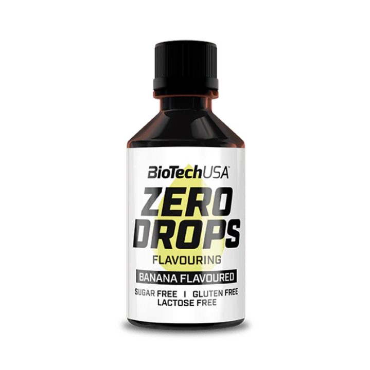 Banana flavored BiotechUSA Zero Drops bottle on a white background