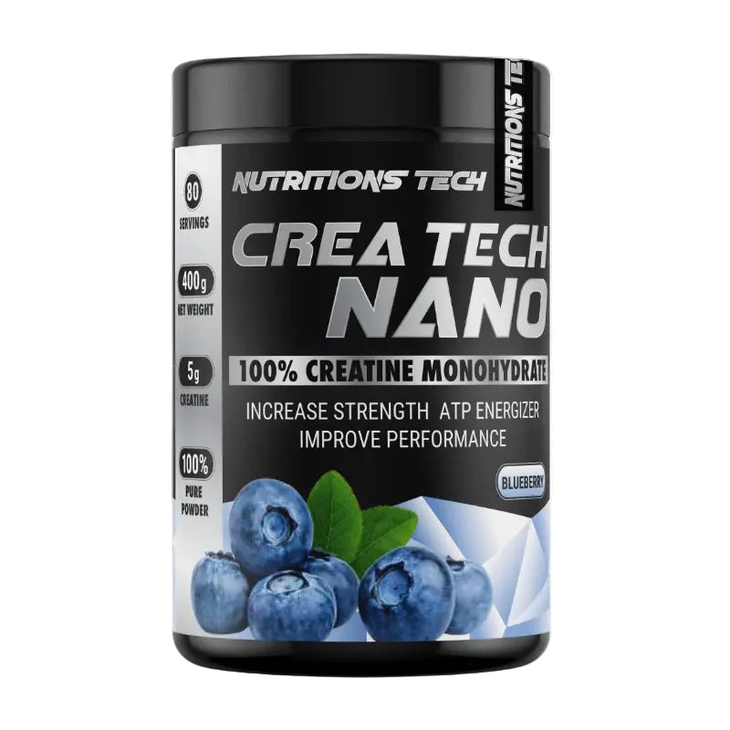 A black plastic tub of Nutritions Tech Crea Tech Nano creatine monohydrate in blueberry flavor, featuring a label with blueberries and green leaves on a white and black background.