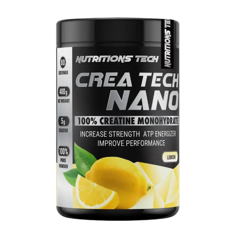 A black tub of Nutritions Tech Crea Tech Nano creatine monohydrate powder in lemon flavor, featuring a label with yellow lemons and green leaves on a white background.