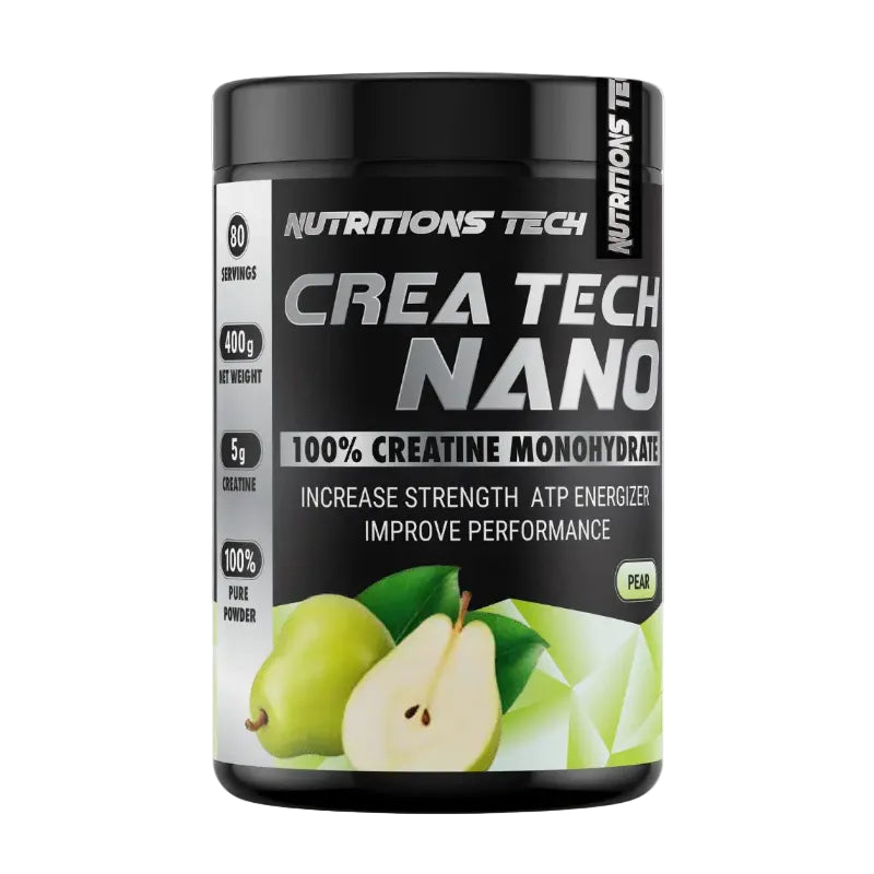 A black tub of Nutrition's Tech Crea Tech Nano creatine monohydrate powder, featuring pear graphics on the label, set against a plain white background.