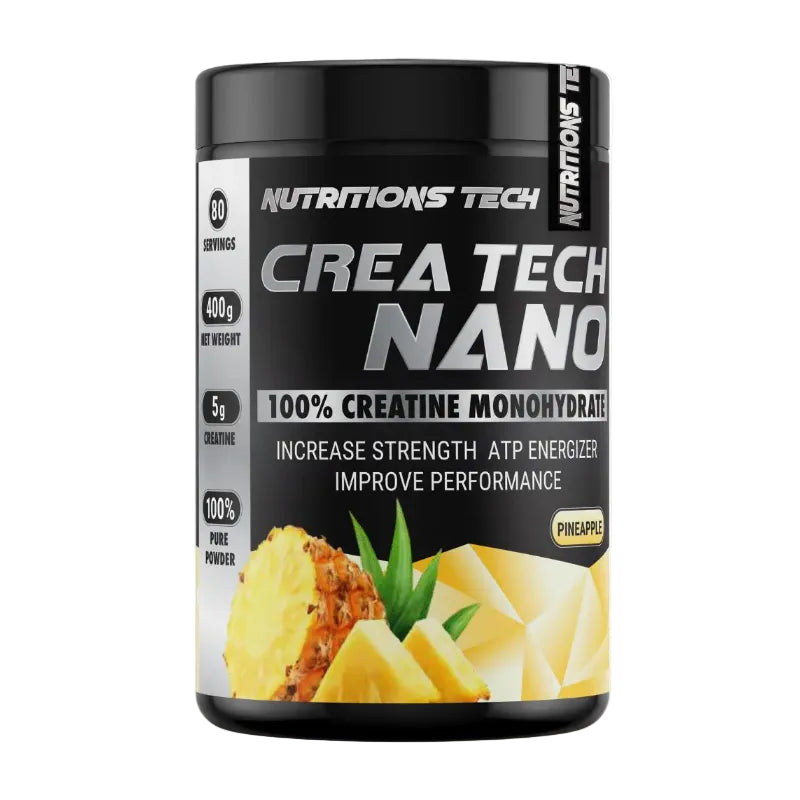A tub of Nutrition's Tech Crea Tech Nano supplement powder in Pineapple flavor. The container is black with a white and silver label featuring a graphic of sliced pineapple.