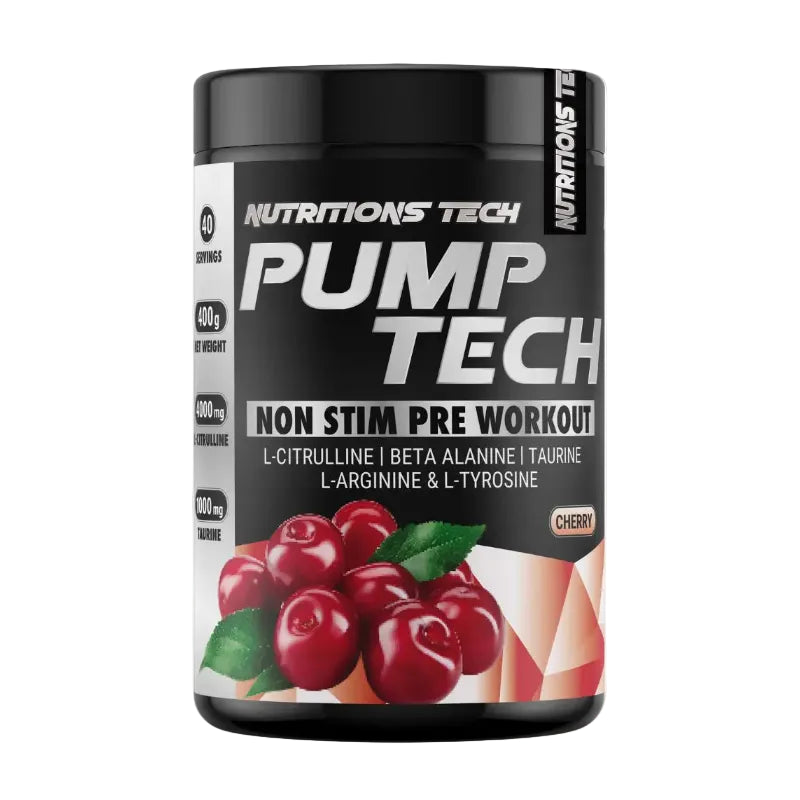 A black tub of Nutrition's Tech Pump Tech Non Stim Pre Workout supplement in Cherry flavor, featuring a label with cherry graphics and white text.