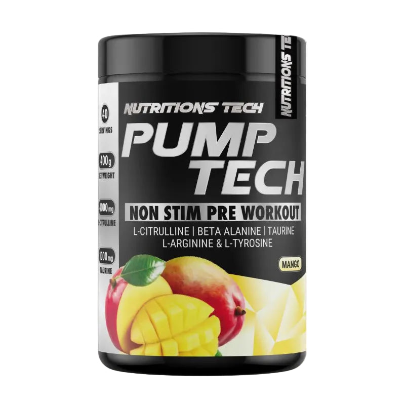 A black tub of Nutrition's Tech Pump Tech Non Stim Pre Workout supplement in Mango flavor, featuring a black label with white text and a graphic of fresh mangoes.