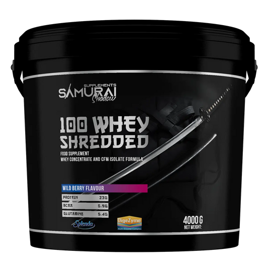 A container of Samurai 100 Whey Shredded protein powder in cherry pie flavor.